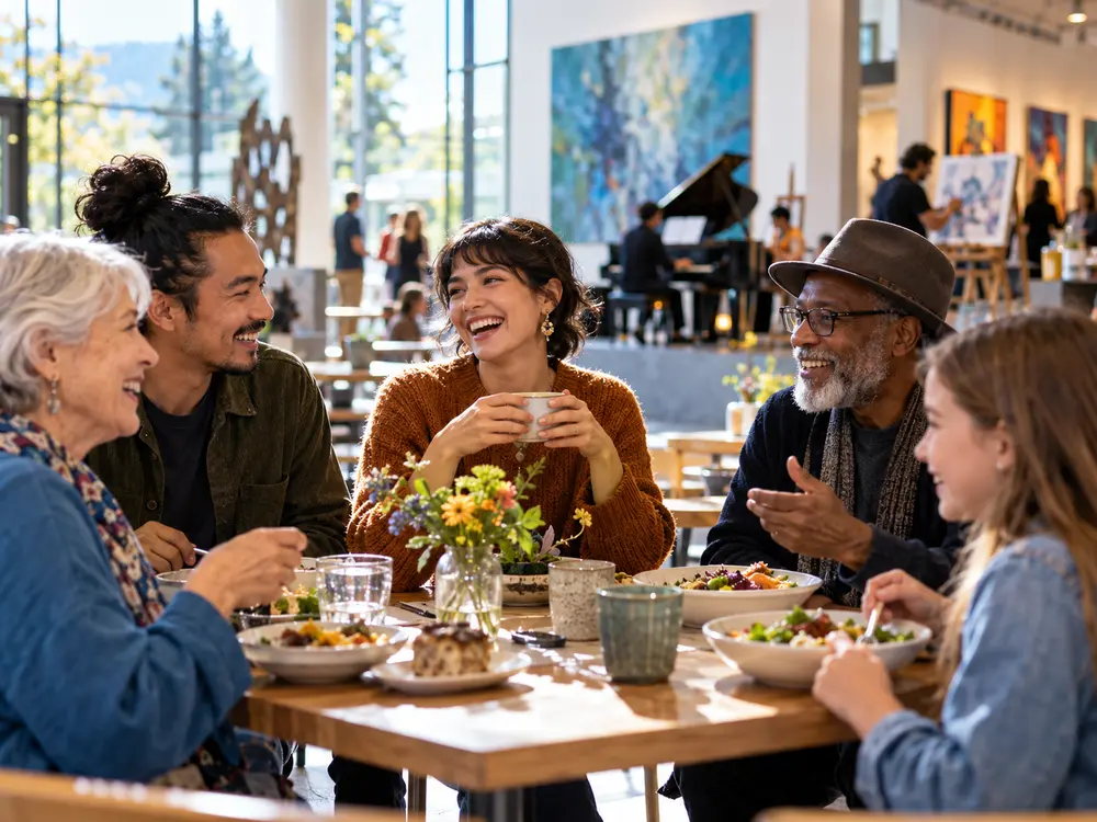 Friends gathering for lunch and conversation in an arts-center café
