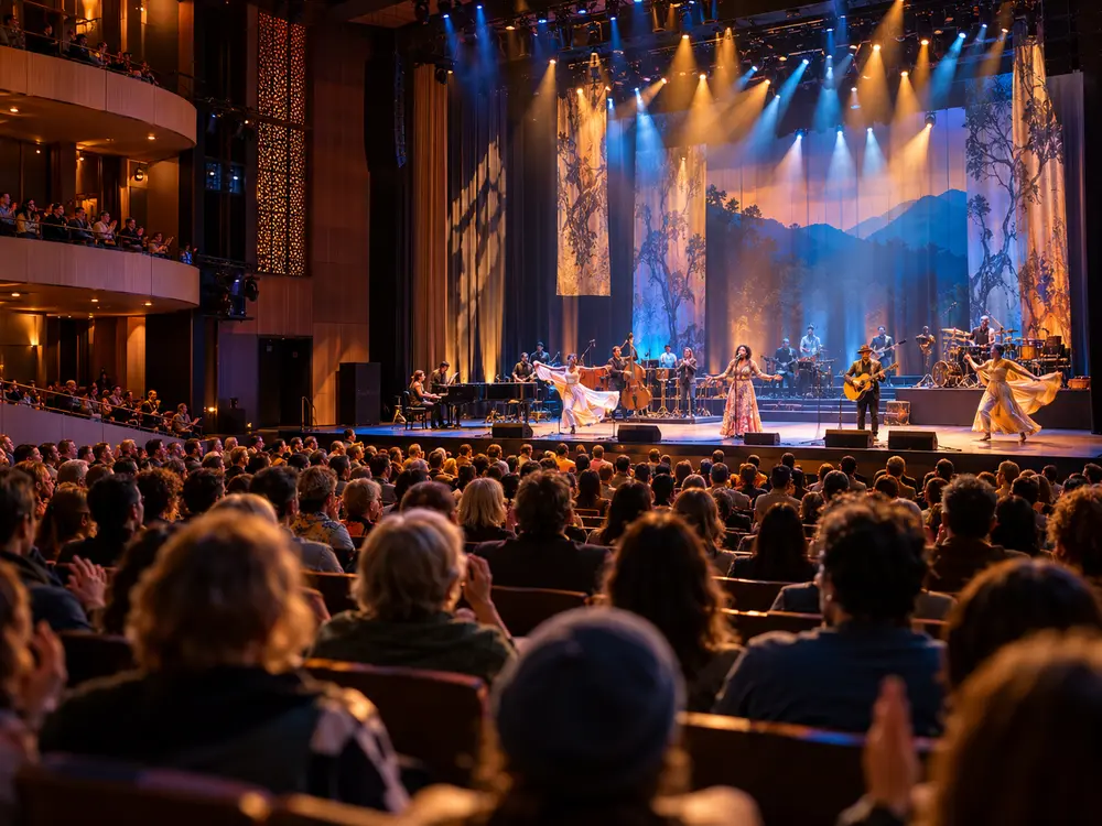 A full audience experiencing a vibrant evening performance