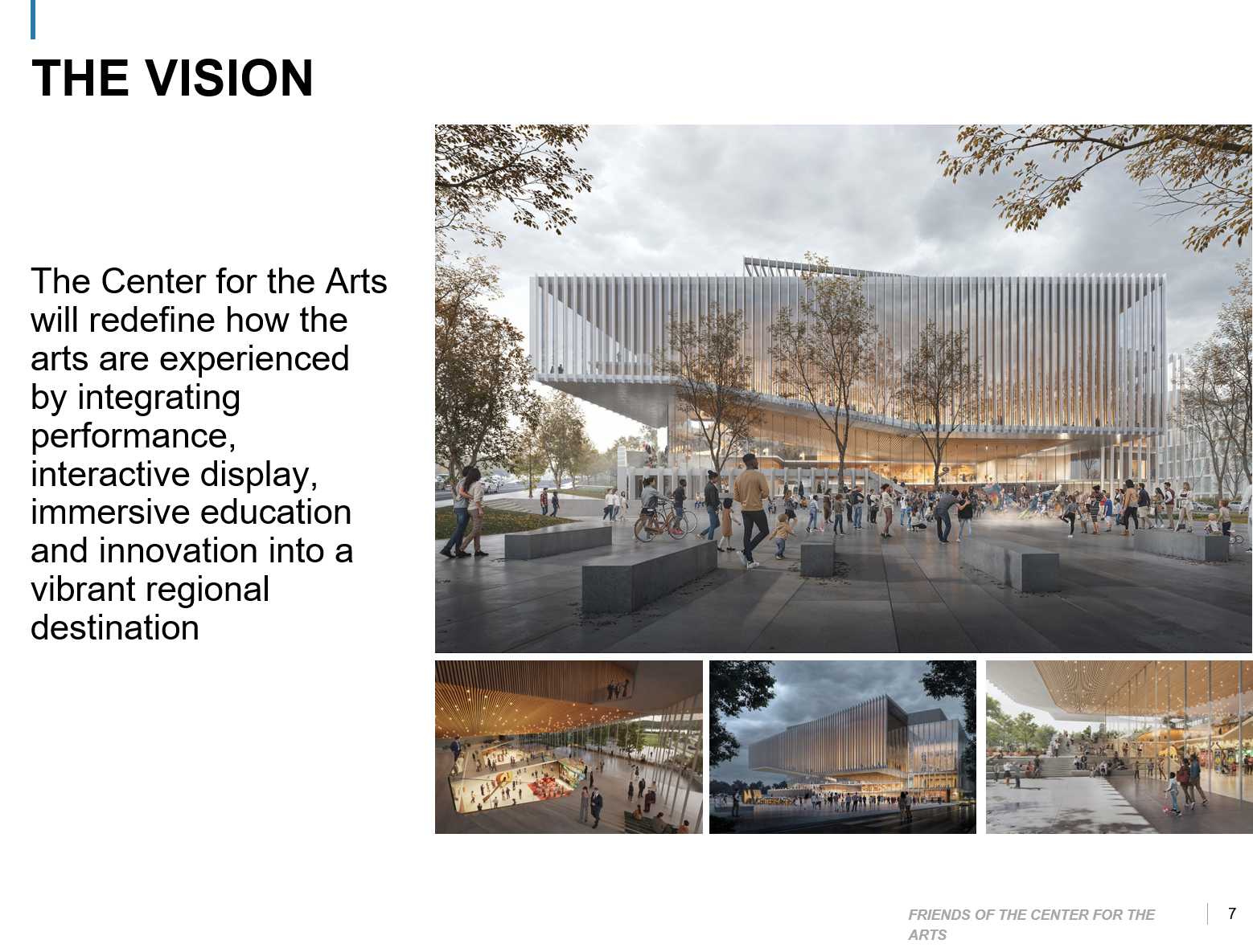 Architectural vision of the illuminated Center for the Arts welcoming visitors in the evening